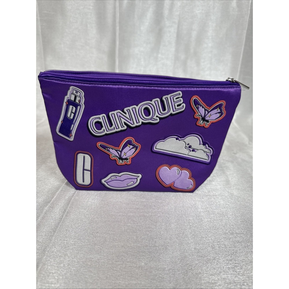 Clinique Purple Cosmetic Bag Pouch With Patches Butterflies Clouds‎ Lips